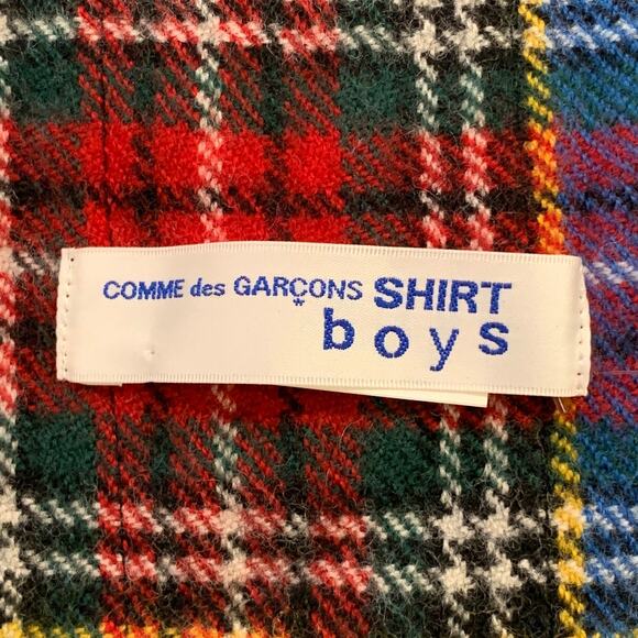 COMME des GARCONS SHIRT BOYS Blue Red Plaid Mixed Patterns Wool Fringe Scarf - Picture 4 of 5